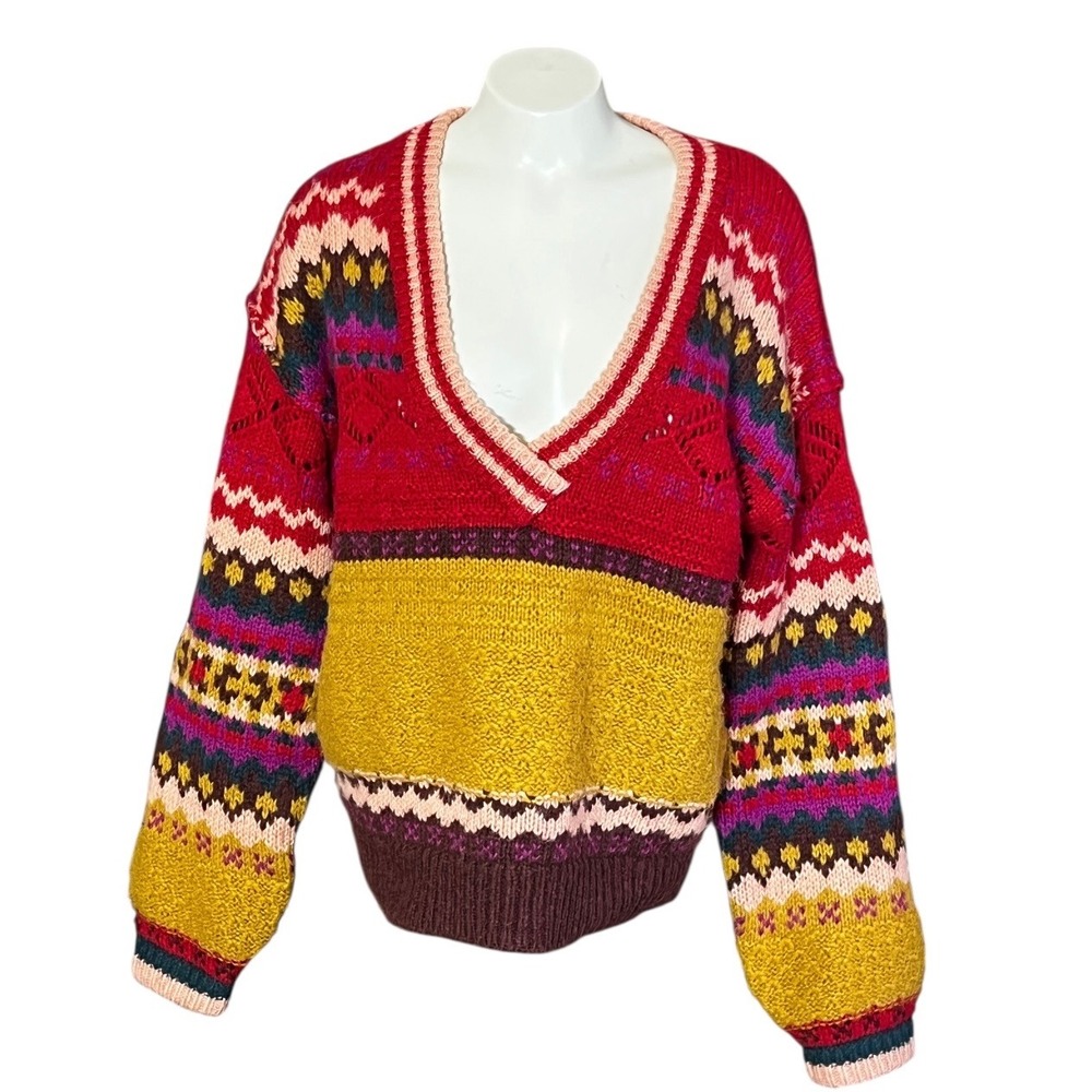 Sundance Geometric Fair Isle V Neck Sweater Red Yellow Women's Size S